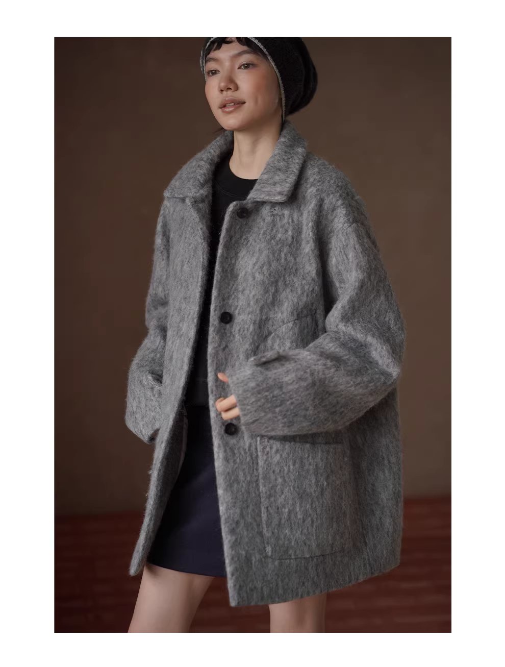 霧嵐星海羊毛混紡雜花灰翻領大衣中長款寬鬆絎棉外套女,霧嵐星海羊毛混紡雜花灰翻領大衣中長款寬鬆絎棉外套女,HBEW5131,霧嵐星海羊毛混紡雜花灰翻領大衣中長款寬鬆絎棉外套女,翻領排扣,羊毛混紡