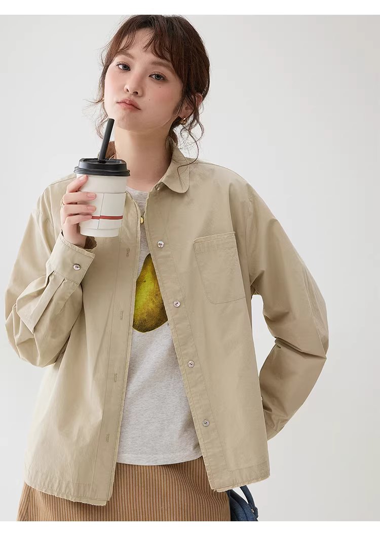 設計感拼接小毛邊襯衫女春季新娃娃領紐扣上衣,設計感拼接小毛邊襯衫女春季新娃娃領紐扣上衣,HBFS1001,設計感拼接小毛邊襯衫女春季新娃娃領紐扣上衣,翻領排扣,棉麻材質