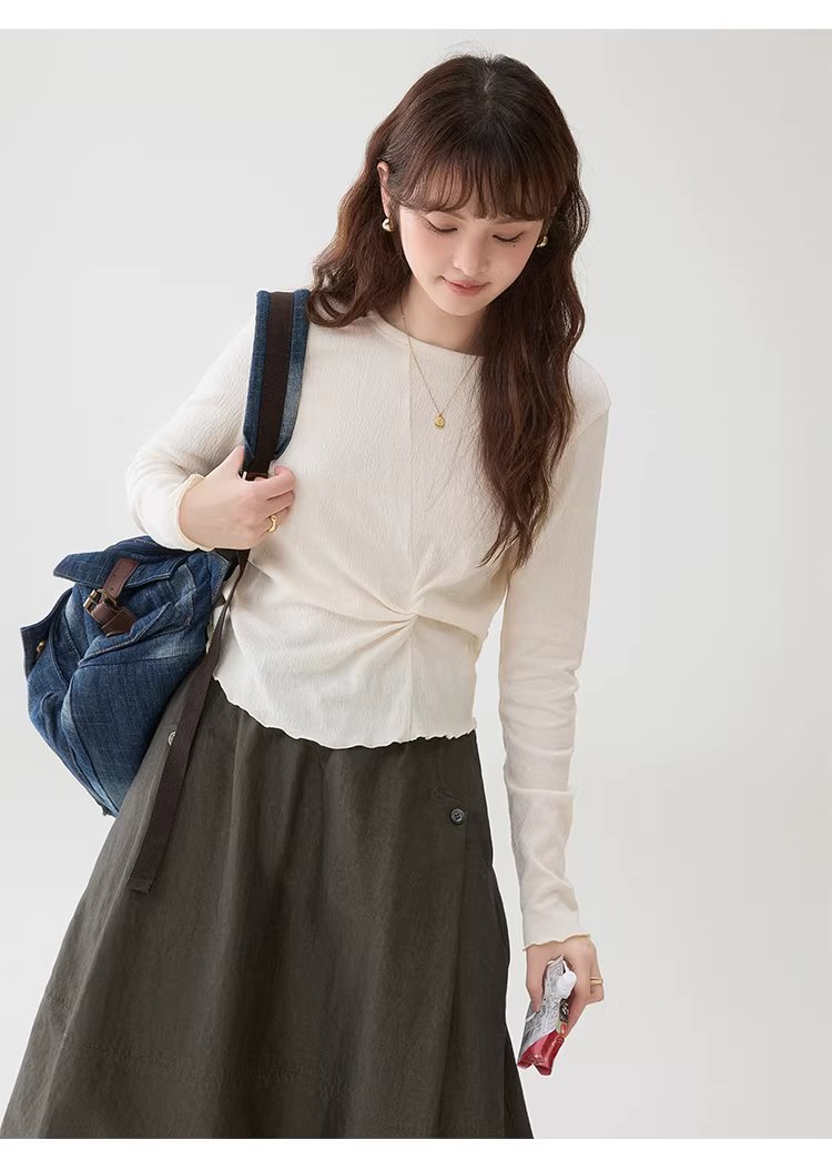 肌理感純色扭結修身T恤女春季新款蕾絲長袖上衣,肌理感純色扭結修身T恤女春季新款蕾絲長袖上衣,HBFS1002,肌理感純色扭結修身T恤女春季新款蕾絲長袖上衣,扭結設計,舒適面料