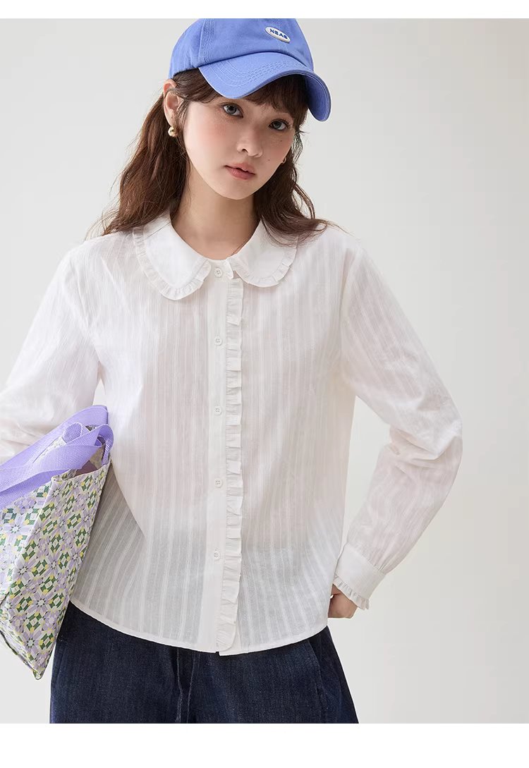 肌理感木耳邊娃娃領襯衫女春季新款純棉長袖上衣,肌理感木耳邊娃娃領襯衫女春季新款純棉長袖上衣,HBFS1003,肌理感木耳邊娃娃領襯衫女春季新款純棉長袖上衣,娃娃領,全棉面料