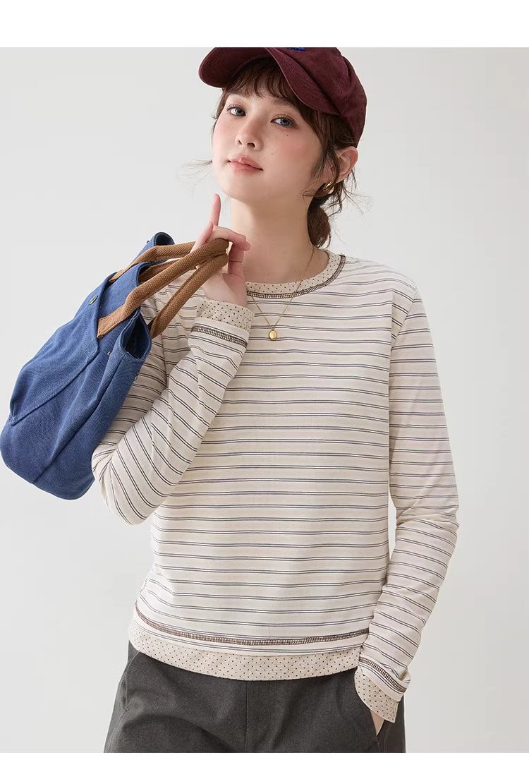 波點拼接圓領條紋T恤女26春季新款短長袖上衣,波點拼接圓領條紋T恤女26春季新款短長袖上衣,HBFS1008,波點拼接圓領條紋T恤女26春季新款短長袖上衣,波點拼接,青春休閒