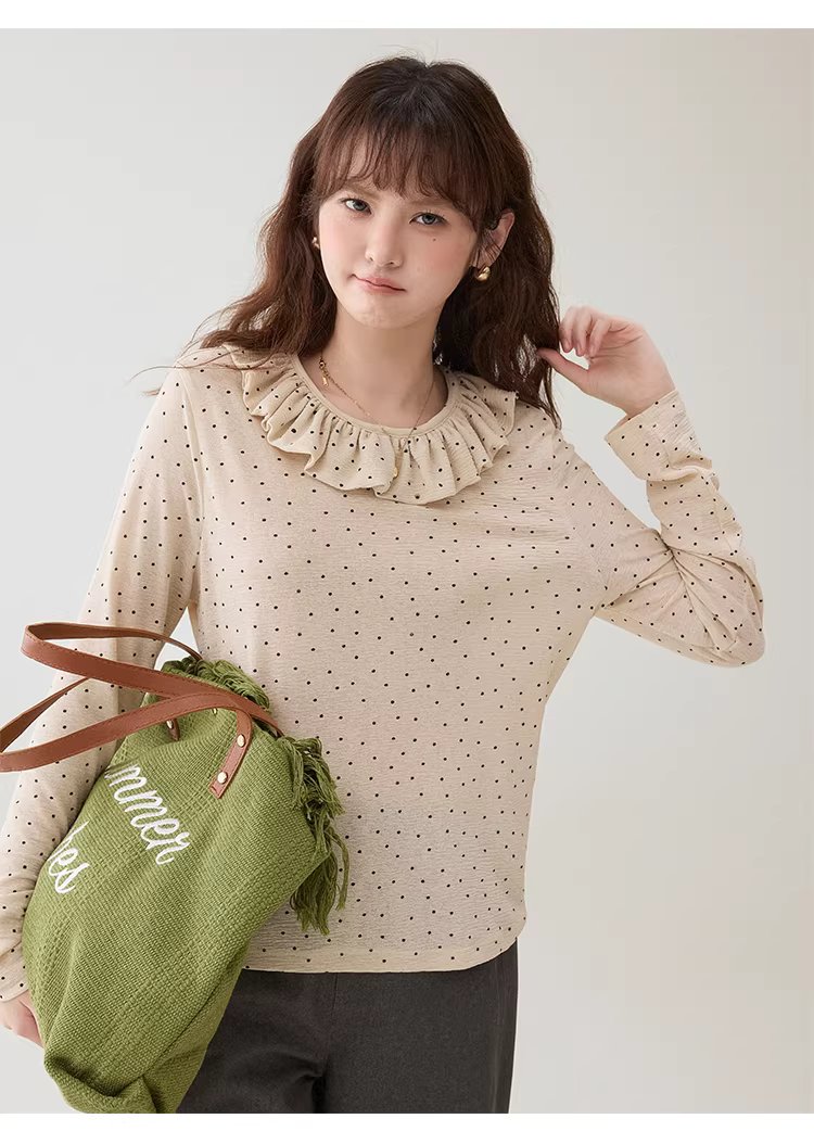 波點荷葉邊圓領T恤女春季新款薄款長袖內搭上衣,波點荷葉邊圓領T恤女春季新款薄款長袖內搭上衣,HBFS1010,波點荷葉邊圓領T恤女春季新款薄款長袖內搭上衣,荷葉邊領,復古波點