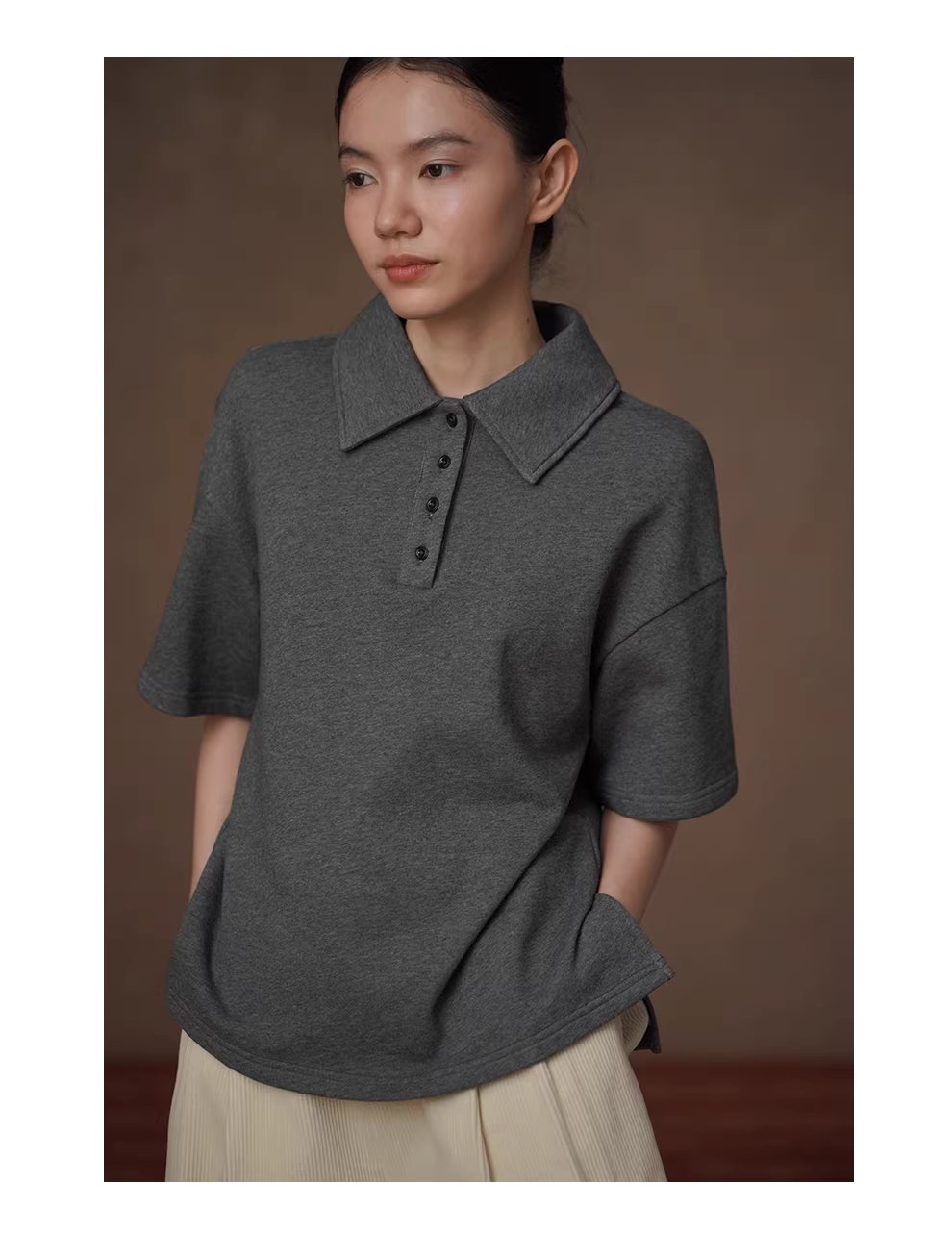 古經典休閒碰撞Polo領寬鬆顯瘦100棉花灰落肩短袖上衣,古經典休閒碰撞Polo領寬鬆顯瘦100棉花灰落肩短袖上衣,HBFS1013,古經典休閒碰撞Polo領寬鬆顯瘦100棉花灰落肩短袖上衣,親膚舒適,俐落隨性