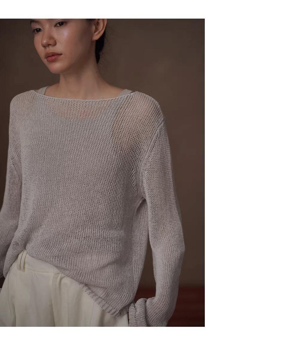 朦朧水霧進口及紙紗透氣針織紙片人寬鬆顯瘦一字領罩衫,朦朧水霧進口及紙紗透氣針織紙片人寬鬆顯瘦一字領罩衫,HBFS1014,朦朧水霧進口及紙紗透氣針織紙片人寬鬆顯瘦一字領罩衫,舒適透氣,寬鬆顯瘦