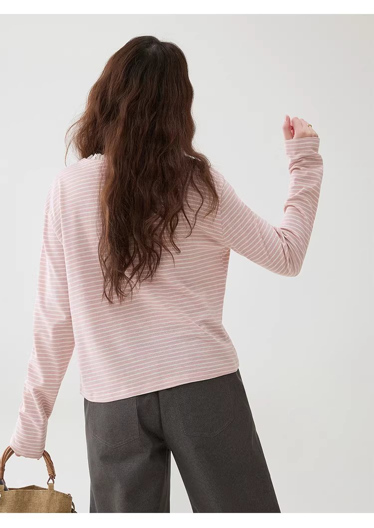 甜美粉紅條紋花邊v領T恤女春季新款寬鬆長袖上衣,甜美粉紅條紋花邊v領T恤女春季新款寬鬆長袖上衣,HBFS1028,甜美粉紅條紋花邊v領T恤女春季新款寬鬆長袖上衣,V領造型,蕾絲花邊