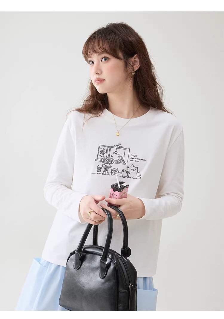 漫畫感線條圖案繡花T恤女春季新款純棉圓領上衣,漫畫感線條圖案繡花T恤女春季新款純棉圓領上衣,HBFS1030,漫畫感線條圖案繡花T恤女春季新款純棉圓領上衣,童趣印花,全棉面料