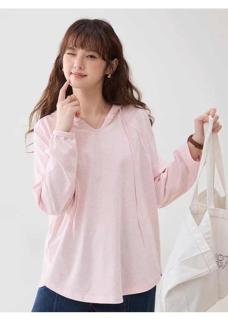 彩織小v領連帽插肩袖T恤女春季新款減齡寬鬆上衣,彩織小v領連帽插肩袖T恤女春季新款減齡寬鬆上衣,HBFS1035,彩織小v領連帽插肩袖T恤女春季新款減齡寬鬆上衣,V領連帽,寬鬆舒適