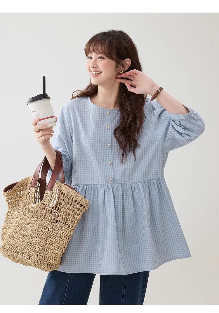 減齡八分袖純棉藍格襯衫女春新款寬鬆娃娃衫上衣,減齡八分袖純棉藍格襯衫女春新款寬鬆娃娃衫上衣,HBFS1039,減齡八分袖純棉藍格襯衫女春新款寬鬆娃娃衫上衣,清新格紋,全棉面料