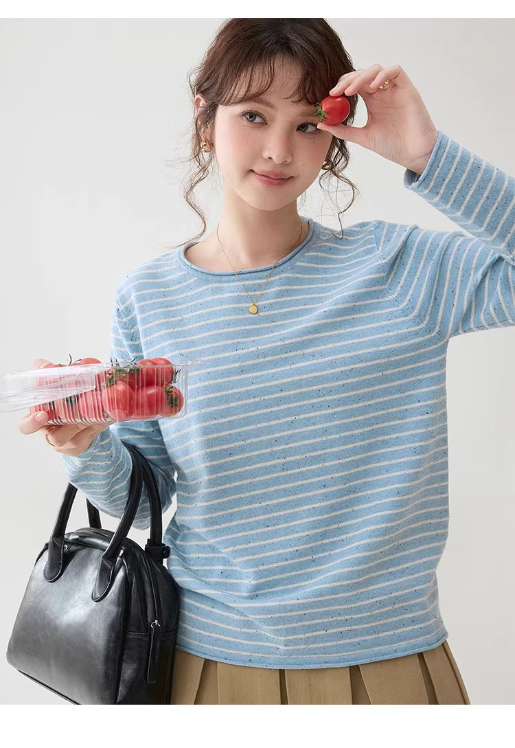 撞色條紋花點捲邊針織衫女春季新款寬鬆長袖上衣,撞色條紋花點捲邊針織衫女春季新款寬鬆長袖上衣,HBFS1043,撞色條紋花點捲邊針織衫女春季新款寬鬆長袖上衣,捲邊衣襬,花點面料