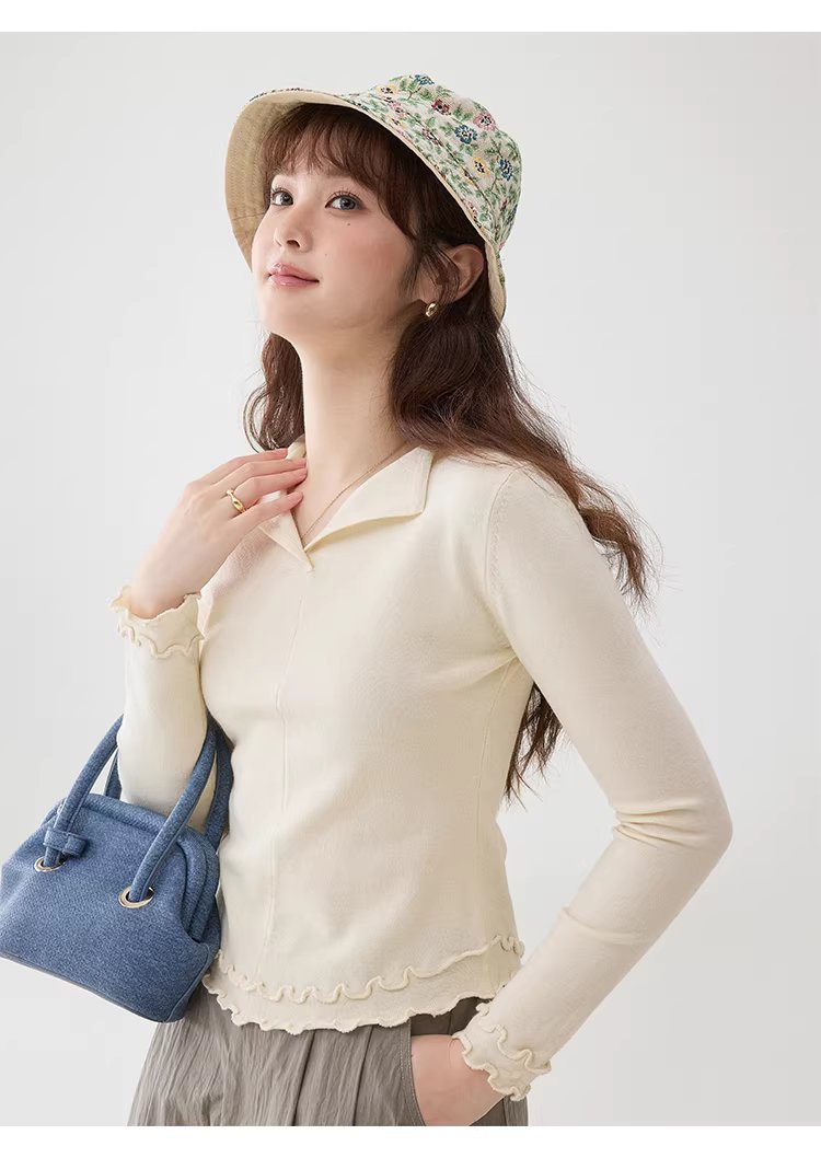 波浪邊弧擺翻v領針織衫女春季新款修身內搭上衣,波浪邊弧擺翻v領針織衫女春季新款修身內搭上衣,HBFS1048,波浪邊弧擺翻v領針織衫女春季新款修身內搭上衣,V型翻領,修身顯瘦