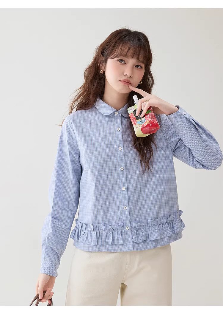 藍格荷葉邊娃娃領襯衫女春季新款純棉長袖短上衣,藍格荷葉邊娃娃領襯衫女春季新款純棉長袖短上衣,HBFS1049,藍格荷葉邊娃娃領襯衫女春季新款純棉長袖短上衣,荷葉衣襬,全棉面料