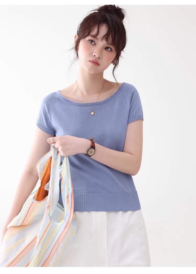 純色小一字領側開叉針織衫女夏新款慵懶顯瘦短袖上衣,純色小一字領側開叉針織衫女夏新款慵懶顯瘦短袖上衣,HBFS1051,純色小一字領側開叉針織衫女夏新款慵懶顯瘦短袖上衣,側邊開衩,薄款針織