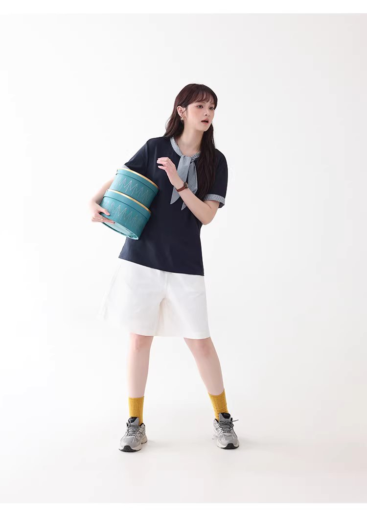 拼接格紋綁帶領短袖T恤女夏季新款時尚減齡上衣,拼接格紋綁帶領短袖T恤女夏季新款時尚減齡上衣,HBFS1053,拼接格紋綁帶領短袖T恤女夏季新款時尚減齡上衣,領結造型,舒適面料