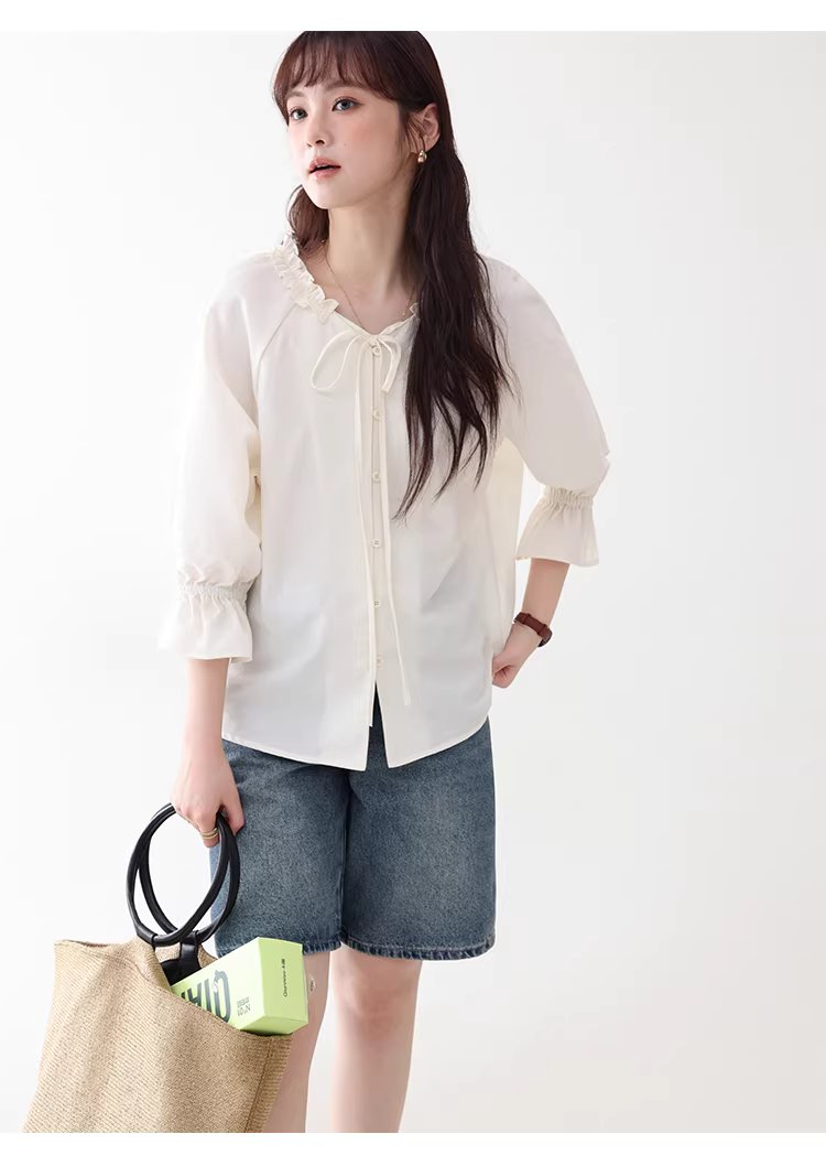 法式木耳邊綁帶V領襯衫女夏新款七分袖羈扣上衣,法式木耳邊綁帶V領襯衫女夏新款七分袖羈扣上衣,HBFS1055,法式木耳邊綁帶V領襯衫女夏新款七分袖羈扣上衣,法式甜美,木耳邊