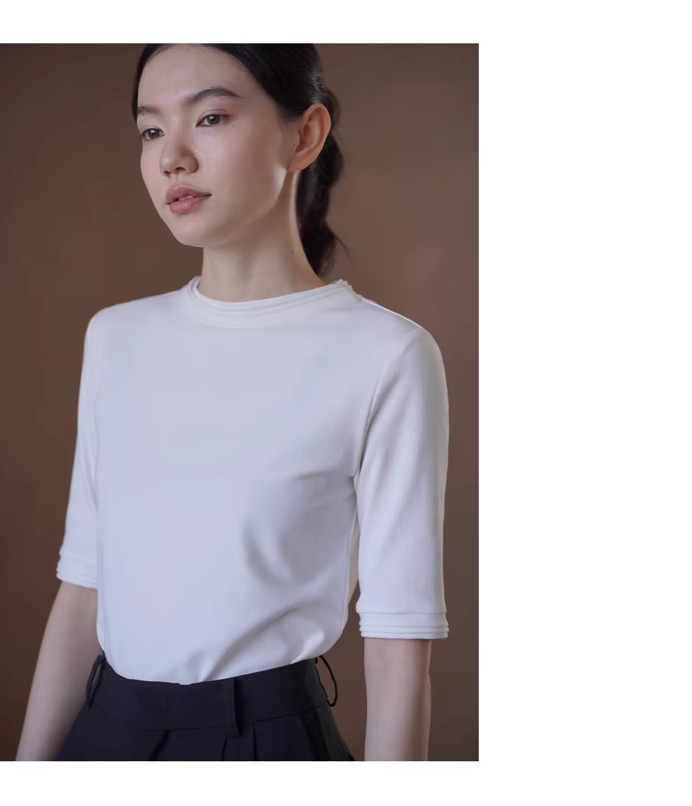 精緻加持舒適線上塔克線圓領合身彈性中袖通勤顯瘦T恤女,精緻加持舒適線上塔克線圓領合身彈性中袖通勤顯瘦T恤女,HBFS1063,精緻加持舒適線上塔克線圓領合身彈性中袖通勤顯瘦T恤女,內搭單穿,親膚透氣