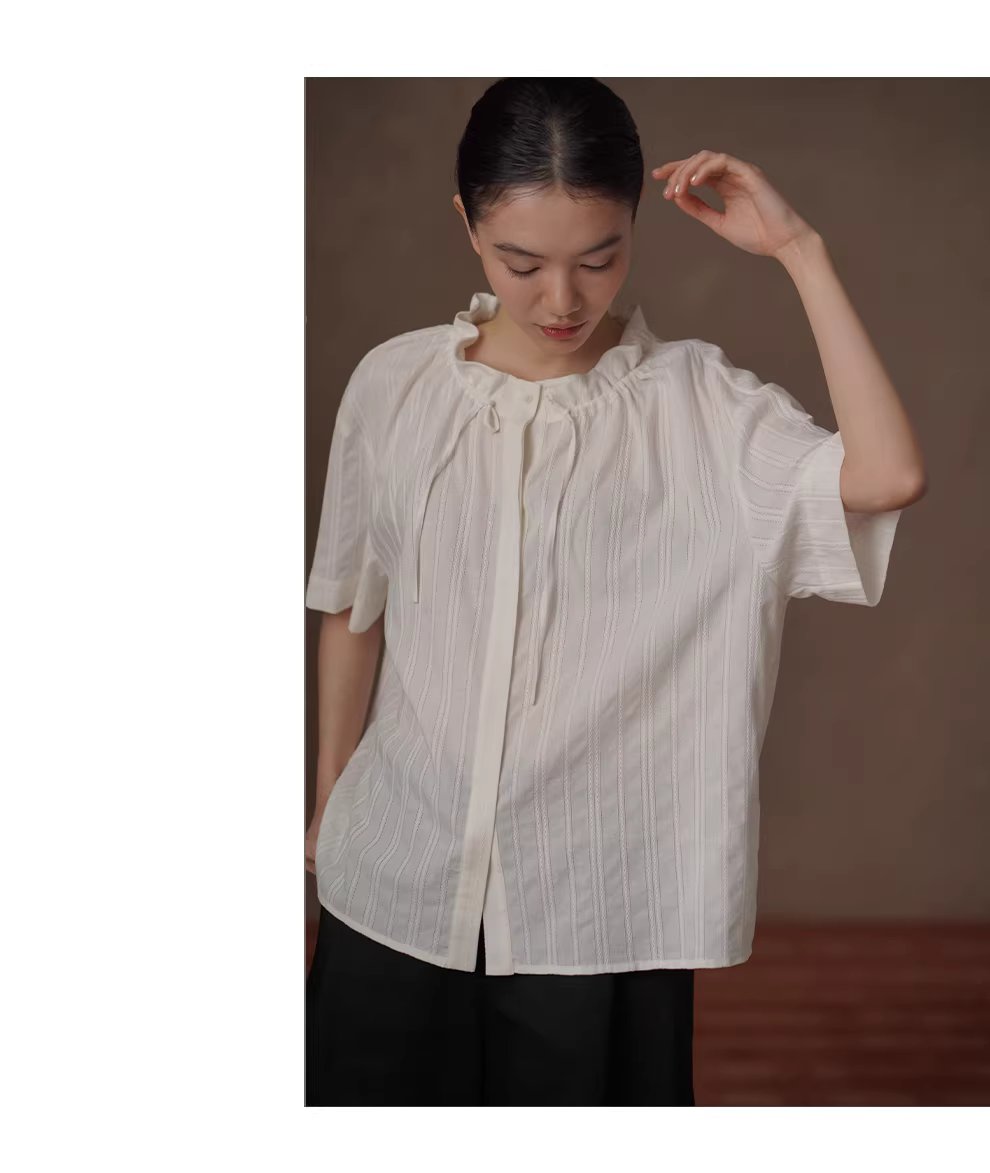 法式花邊立領亞麻棉混紡立體繡花豎條紋寬鬆短袖襯衫女,法式花邊立領亞麻棉混紡立體繡花豎條紋寬鬆短袖襯衫女,HBFS1066,法式花邊立領亞麻棉混紡立體繡花豎條紋寬鬆短袖襯衫女,立體花紋,法式剪裁