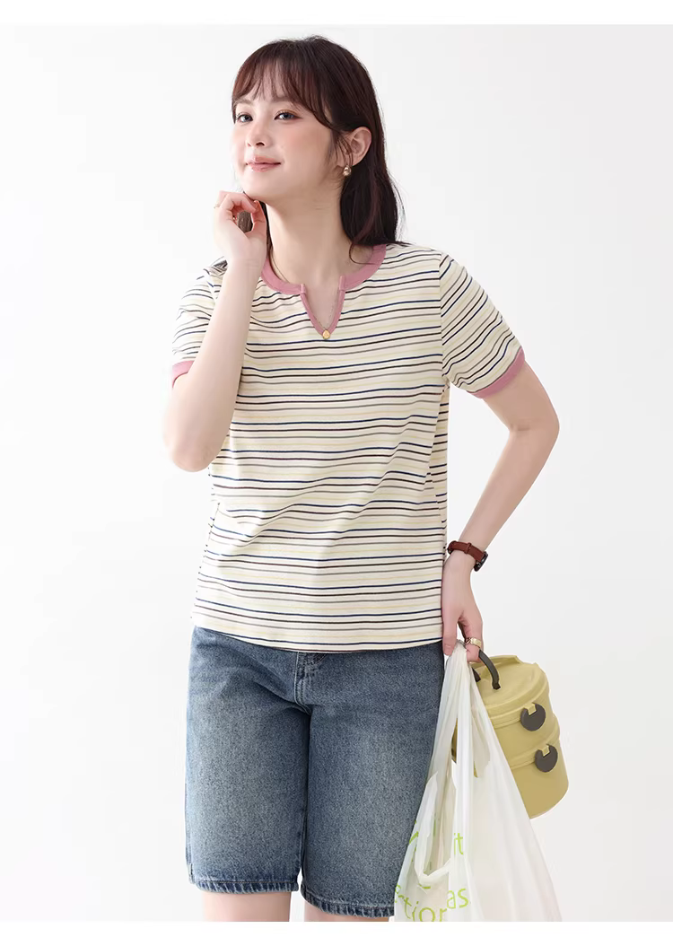 撞色圓V領彩色條紋T恤女26夏季新款減齡短袖上衣,撞色圓V領彩色條紋T恤女26夏季新款減齡短袖上衣,HBFS1082,撞色圓V領彩色條紋T恤女26夏季新款減齡短袖上衣,撞色橫紋,舒適面料