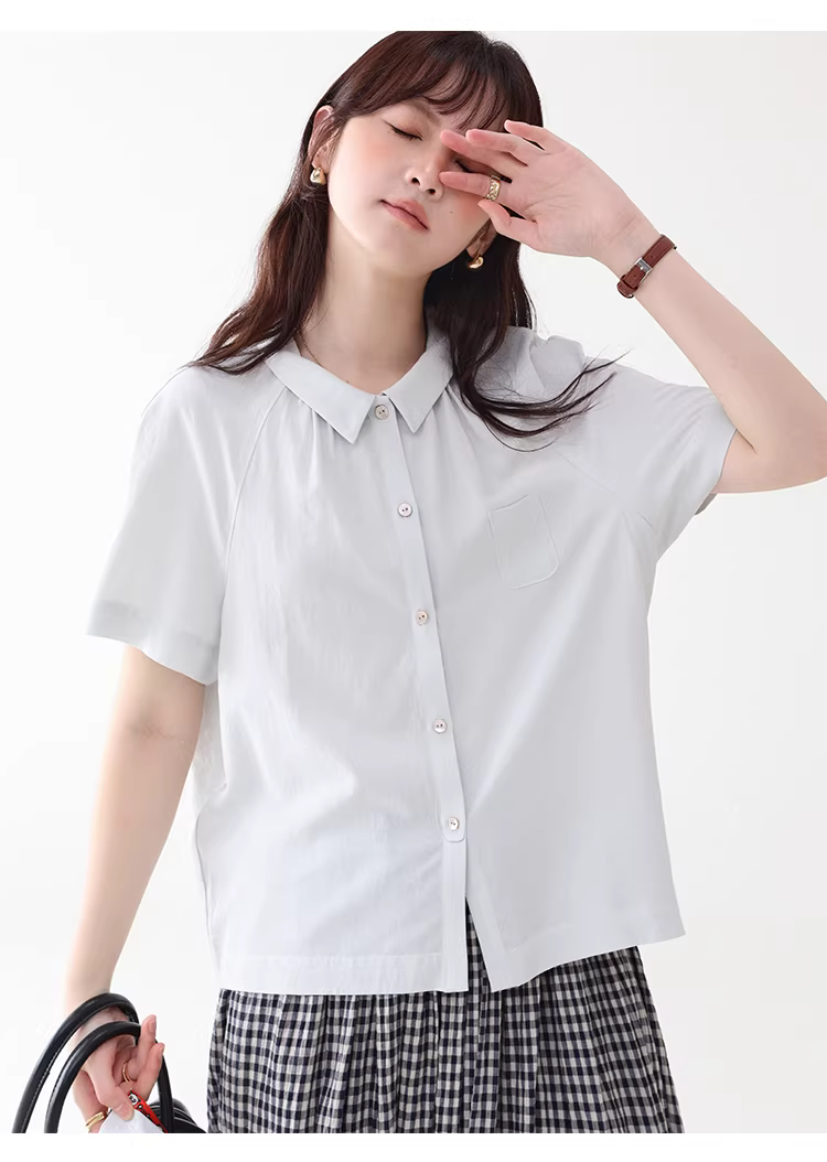 法式純色小翻領短袖襯衫女夏新款單排扣寬鬆上衣,法式純色小翻領短袖襯衫女夏新款單排扣寬鬆上衣,HBFS1086,法式純色小翻領短袖襯衫女夏新款單排扣寬鬆上衣,法式甜美,天絲100%