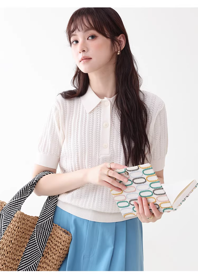 溫柔純色polo領鏤空針織衫女26夏季新款透氣短袖上衣,溫柔純色polo領鏤空針織衫女26夏季新款透氣短袖上衣,HBFS1090,溫柔純色polo領鏤空針織衫女26夏季新款透氣短袖上衣,半開翻領,簍空提花