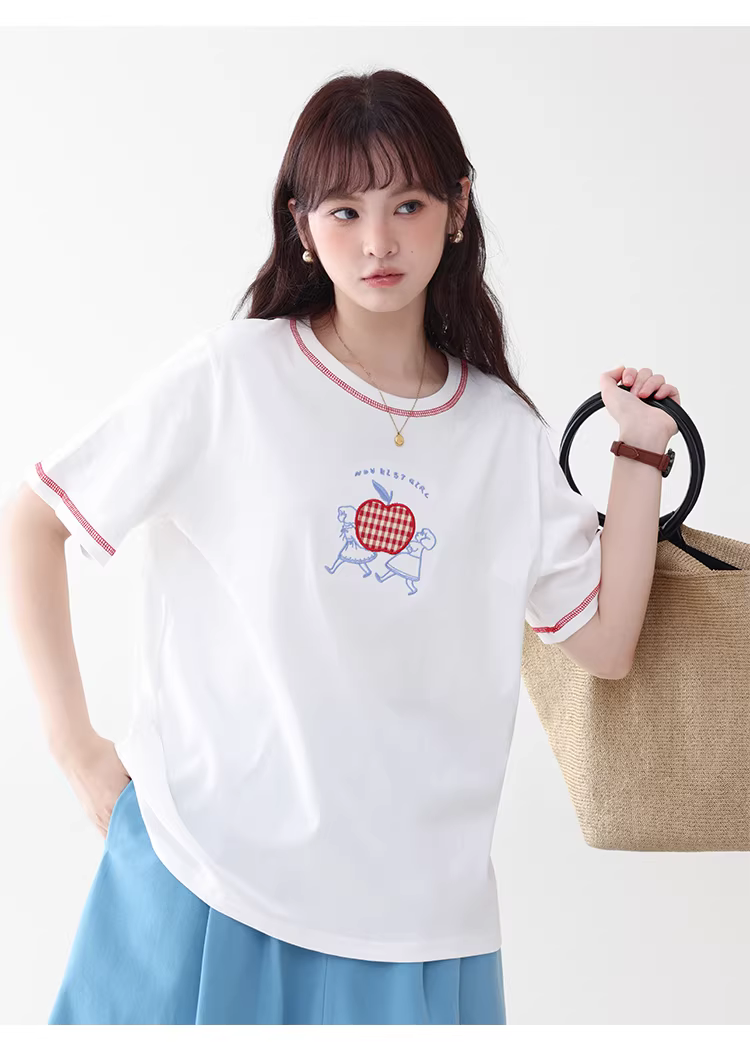 卡通刺繡反線純棉短袖T恤女夏新款少女感寬鬆上衣,卡通刺繡反線純棉短袖T恤女夏新款少女感寬鬆上衣,HBFS1091,卡通刺繡反線純棉短袖T恤女夏新款少女感寬鬆上衣,童趣刺繡,全棉面料