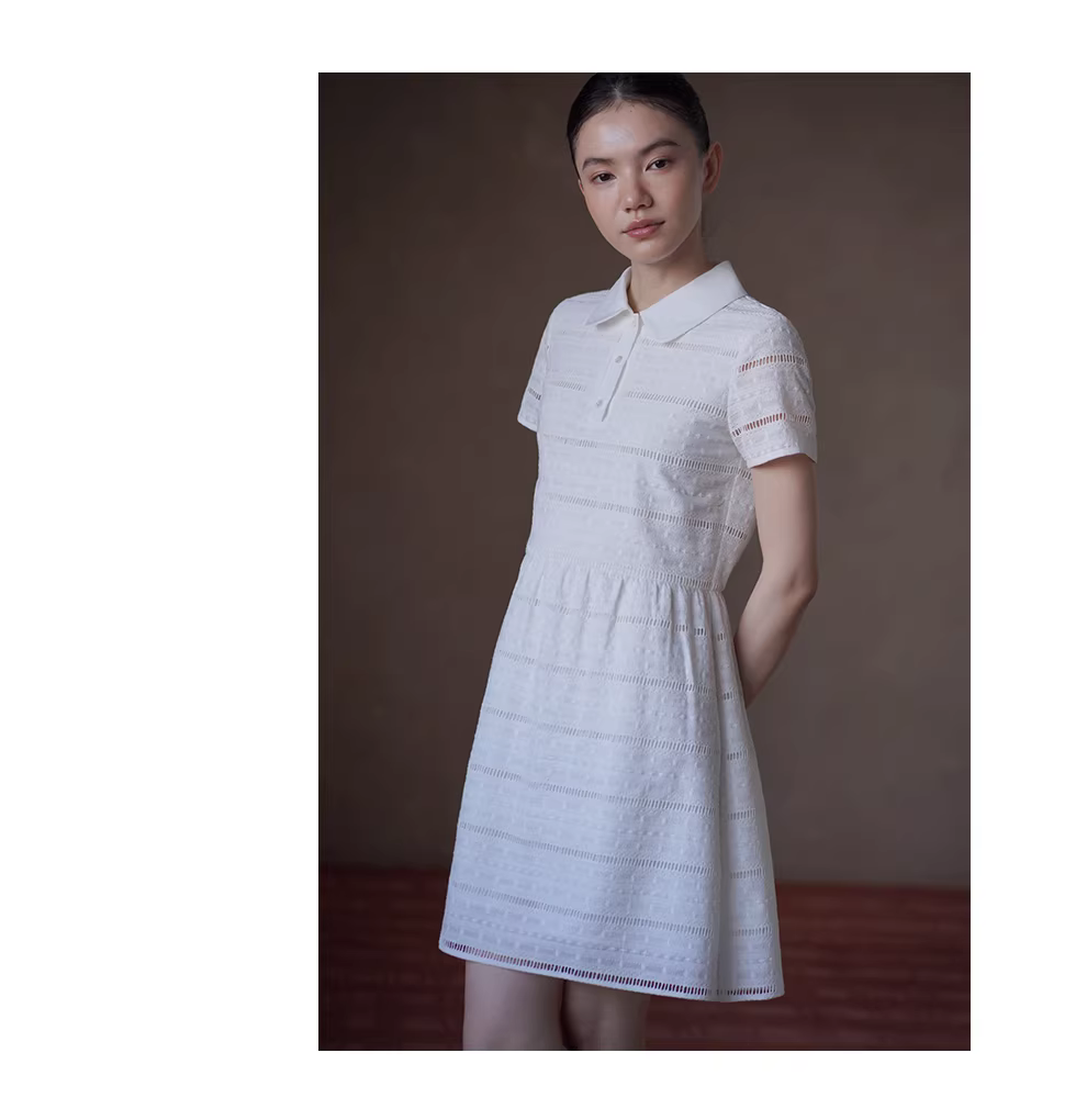 午後遊園洋裝立體鏤空提花刺繡高腰短版Polo領裙子女,午後遊園洋裝立體鏤空提花刺繡高腰短版Polo領裙子女,HBFS7036,午後遊園洋裝立體鏤空提花刺繡高腰短版Polo領裙子女,純棉親膚,鏤空緹花