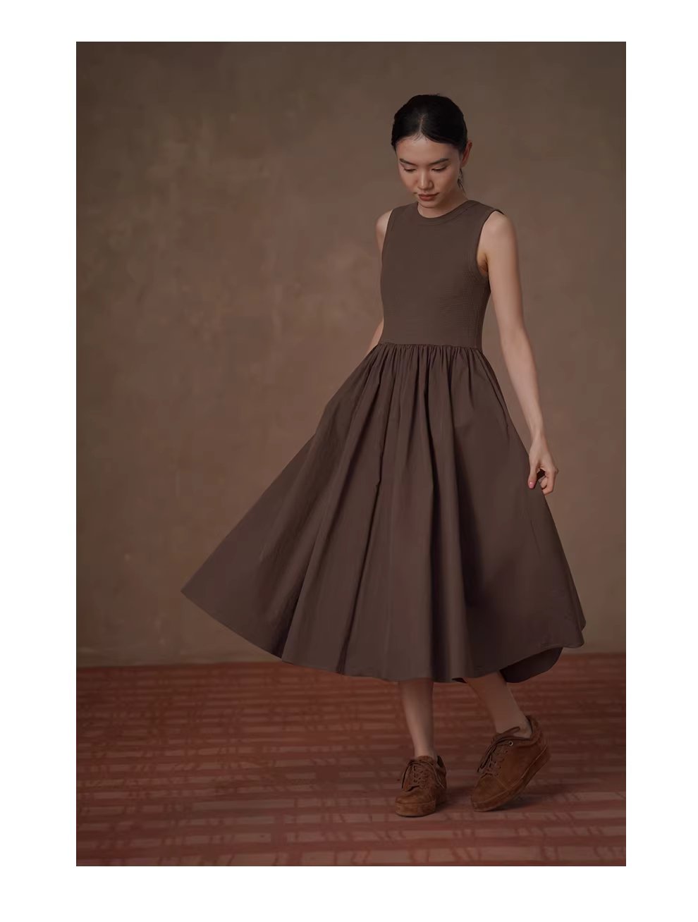 桑莓華夫格拼接高支棉混紡扭褶高腰顯瘦背心蓬蓬連身裙,桑莓華夫格拼接高支棉混紡扭褶高腰顯瘦背心蓬蓬連身裙,HBFS7041,桑莓華夫格拼接高支棉混紡扭褶高腰顯瘦背心蓬蓬連身裙,透氣不悶,高腰傘裙