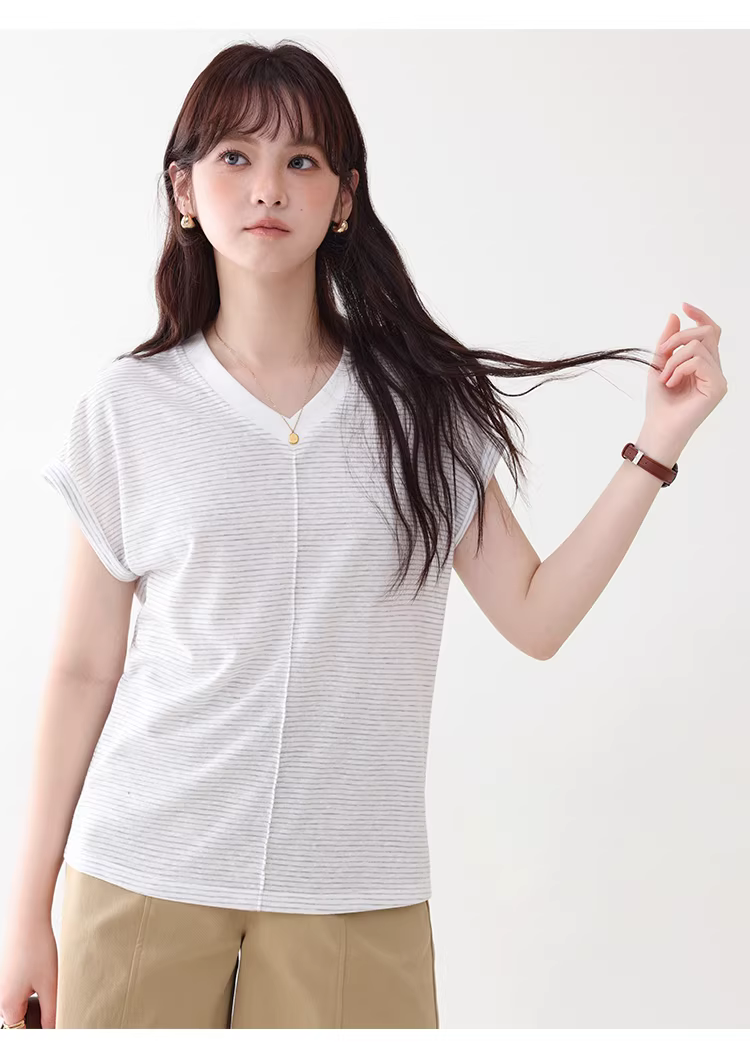 拼色條紋v領短袖T恤女夏季新款簡約寬鬆百搭上衣,拼色條紋v領短袖T恤女夏季新款簡約寬鬆百搭上衣,HBFS1097,拼色條紋v領短袖T恤女夏季新款簡約寬鬆百搭上衣,V領造型,舒適面料
