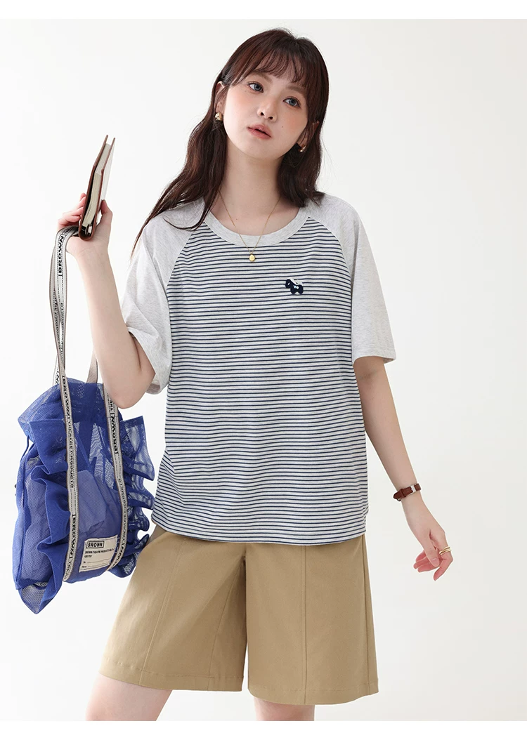 日繫條紋插肩袖小馬T恤女夏季新款寬鬆顯瘦上衣,HBFS1101,日繫條紋插肩袖小馬T恤女夏季新款寬鬆顯瘦上衣,橫紋設計,寬鬆舒適,插肩袖