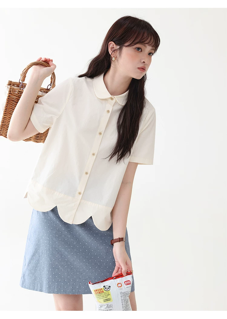 設計感波浪下擺純棉襯衫女夏新款減齡娃娃領上衣,設計感波浪下擺純棉襯衫女夏新款減齡娃娃領上衣,HBFS1112,設計感波浪下擺純棉襯衫女夏新款減齡娃娃領上衣,花邊衣襬,全棉面料