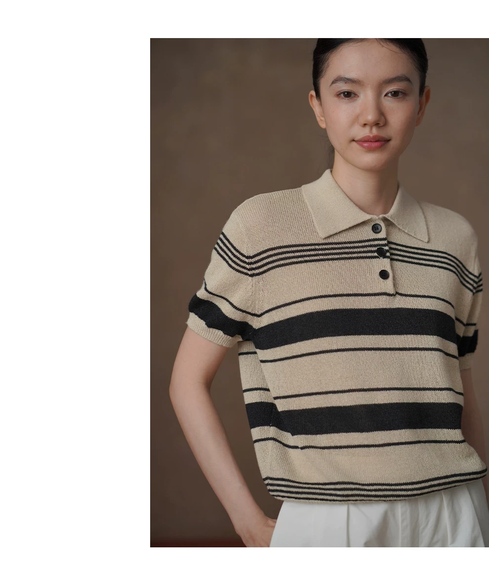 復古書呆子撞色條紋透氣乾爽紗線寬鬆短袖針織Polo上衣,復古書呆子撞色條紋透氣乾爽紗線寬鬆短袖針織Polo上衣,HBFS1132,復古書呆子撞色條紋透氣乾爽紗線寬鬆短袖針織Polo上衣,POLO領,薄款針織