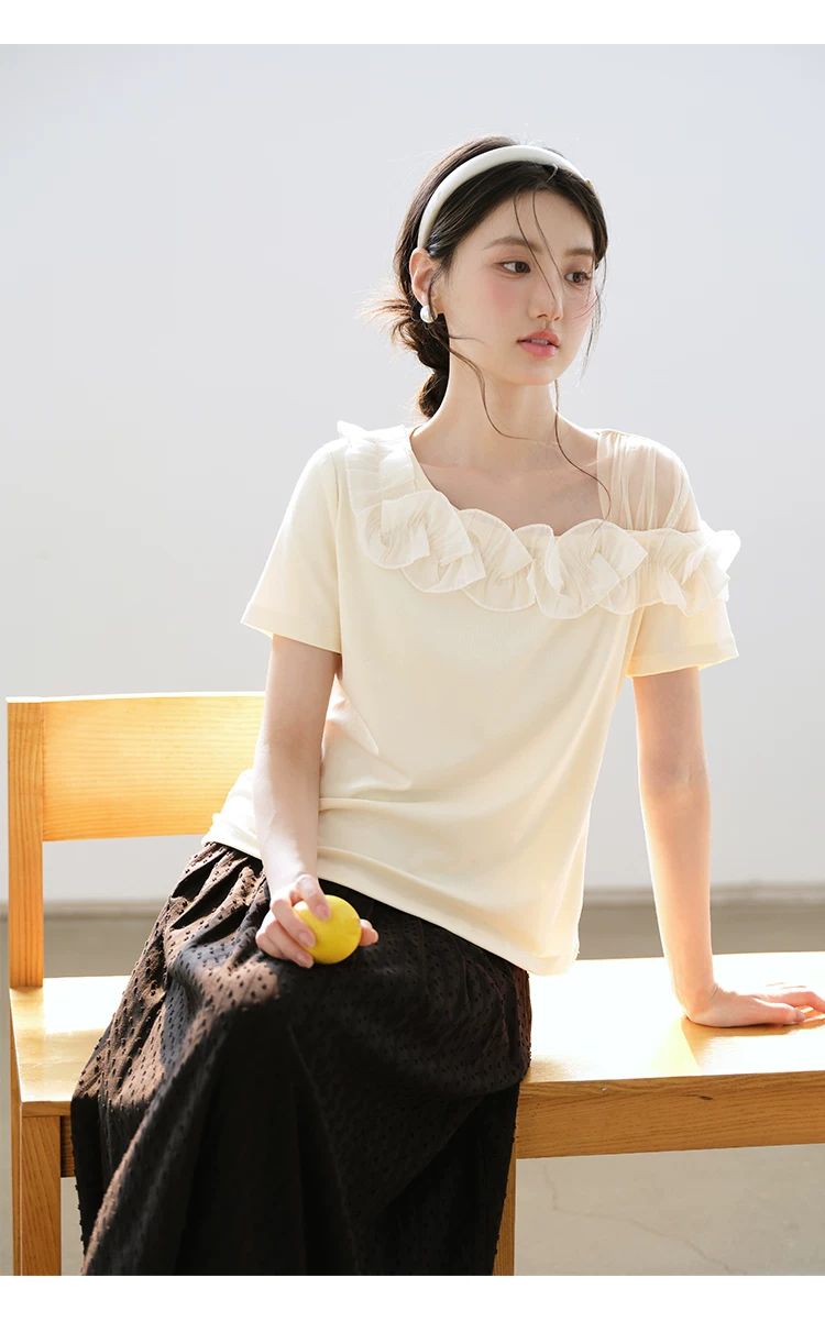 大尺碼荷葉邊斜領短袖T恤女2026新款夏網紗拼接漂亮露肩上衣,大尺碼荷葉邊斜領短袖T恤女2026新款夏網紗拼接漂亮露肩上衣,HBFS1170,大尺碼荷葉邊斜領短袖T恤女2026新款夏網紗拼接漂亮露肩上衣,荷葉斜領,質感單品