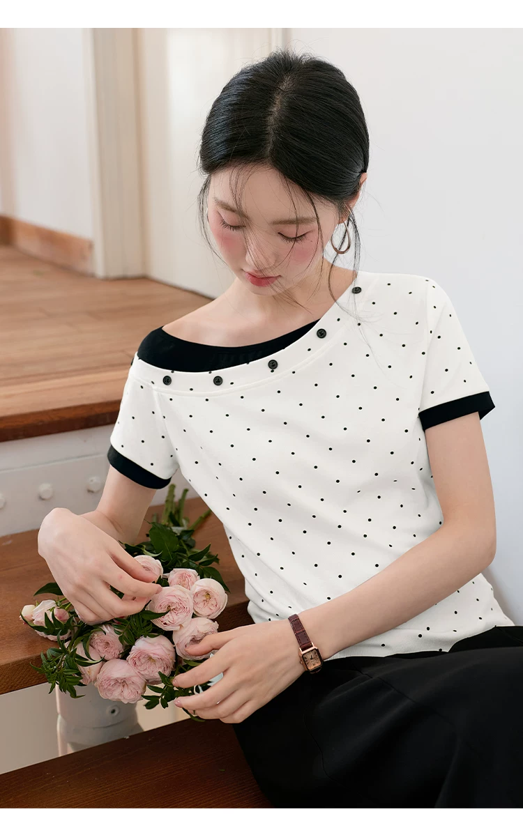 大尺碼胖mm假兩件短袖T恤女2026新款夏季白色斜領波點上衣女,大尺碼胖mm假兩件短袖T恤女2026新款夏季白色斜領波點上衣女,HBFS1178,大尺碼胖mm假兩件短袖T恤女2026新款夏季白色斜領波點上衣女,假兩件式,波點造型