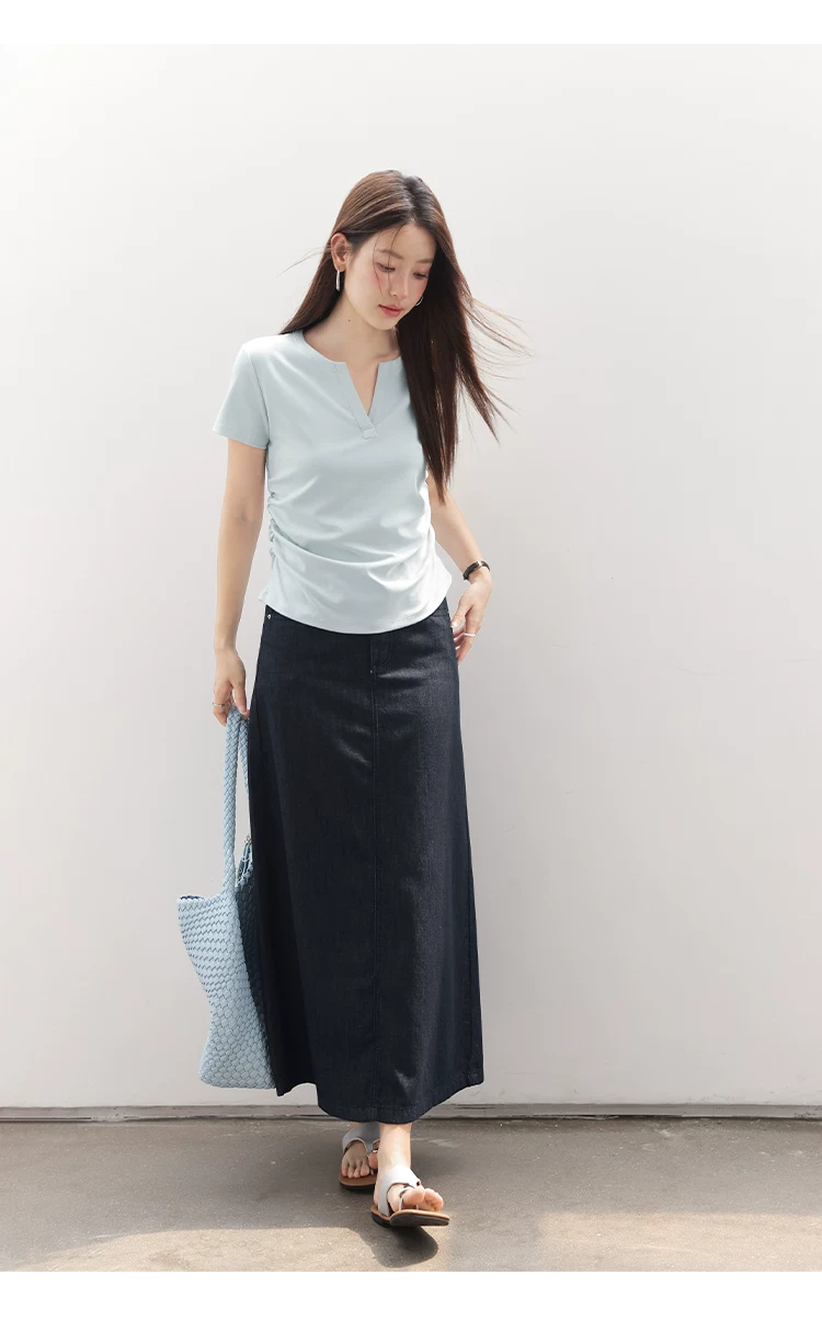 大尺碼胖mm巨好看正肩短袖T恤女2026新款夏裝抽褶淺藍色上衣,大尺碼胖mm巨好看正肩短袖T恤女2026新款夏裝抽褶淺藍色上衣,HBFS1182,大尺碼胖mm巨好看正肩短袖T恤女2026新款夏裝抽褶淺藍色上衣,半開V領,腰間抓褶