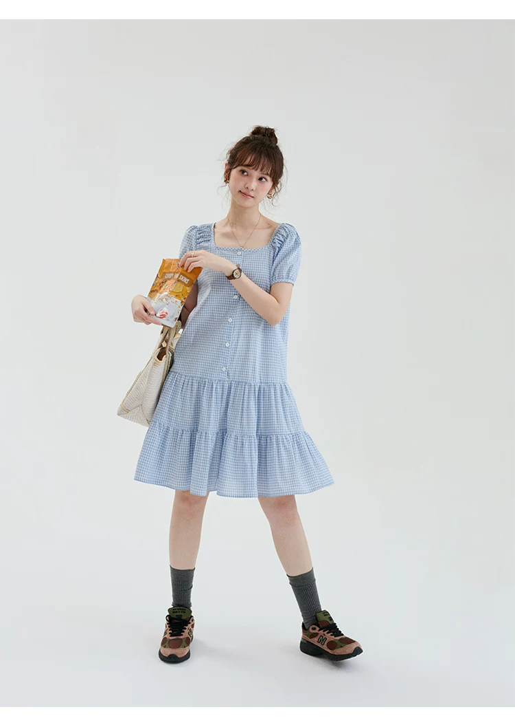 藍色格紋方領短袖洋裝女夏季新款甜美純棉短裙,藍色格紋方領短袖洋裝女夏季新款甜美純棉短裙,HBFS7131,藍色格紋方領短袖洋裝女夏季新款甜美純棉短裙,方領設計,全棉面料