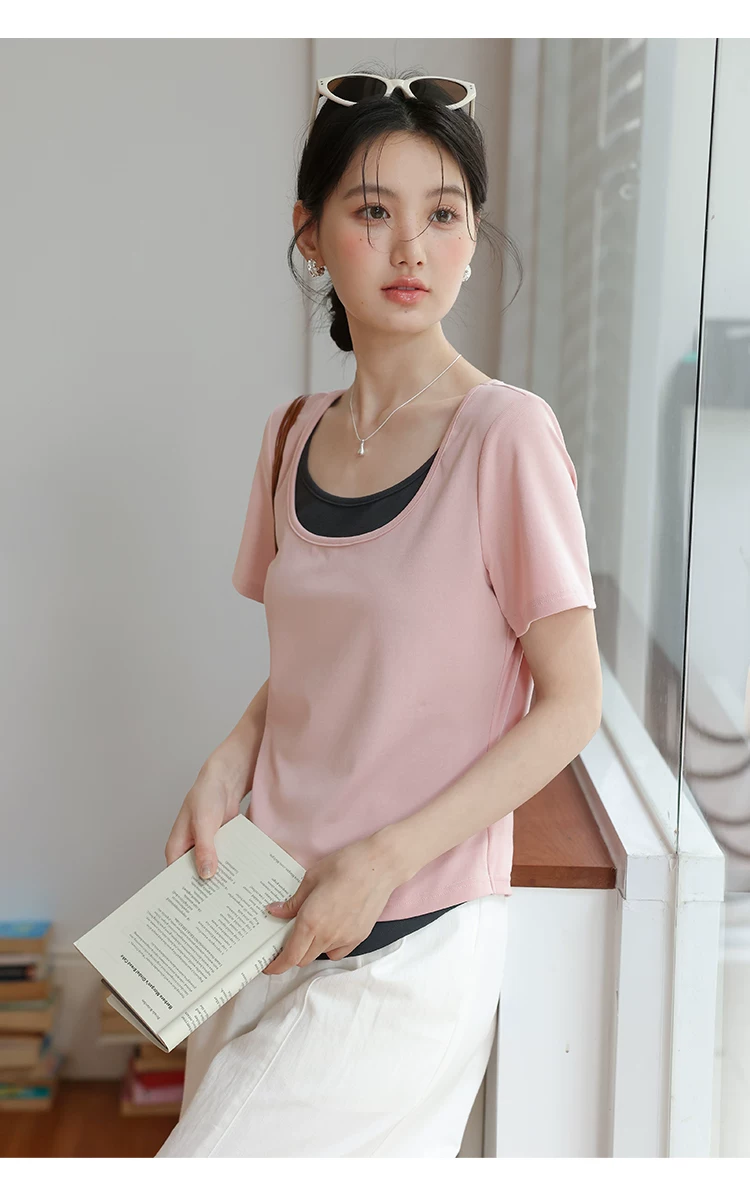 大尺碼粉紅短袖T恤女2026全新夏裝微胖巨好看假兩件u領上衣女,大尺碼粉紅短袖T恤女2026全新夏裝微胖巨好看假兩件u領上衣女,HBFS1295,大尺碼粉紅短袖T恤女2026全新夏裝微胖巨好看假兩件u領上衣女,中大尺碼,天絲混棉