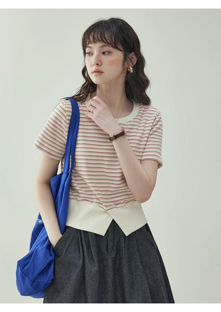 甜美條紋收腰短T恤女夏季新款開叉短袖上衣,甜美條紋收腰短T恤女夏季新款開叉短袖上衣,HBFS1359,甜美條紋收腰短T恤女夏季新款開叉短袖上衣,開衩造型,短款版型