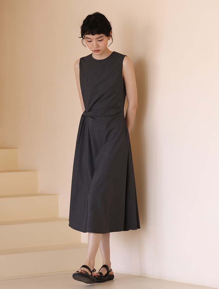 氣質女主高腰線扭結通勤瘦身遮肉連身裙洋裝,長洋裝,洋裝,無袖,輕甜,高雅