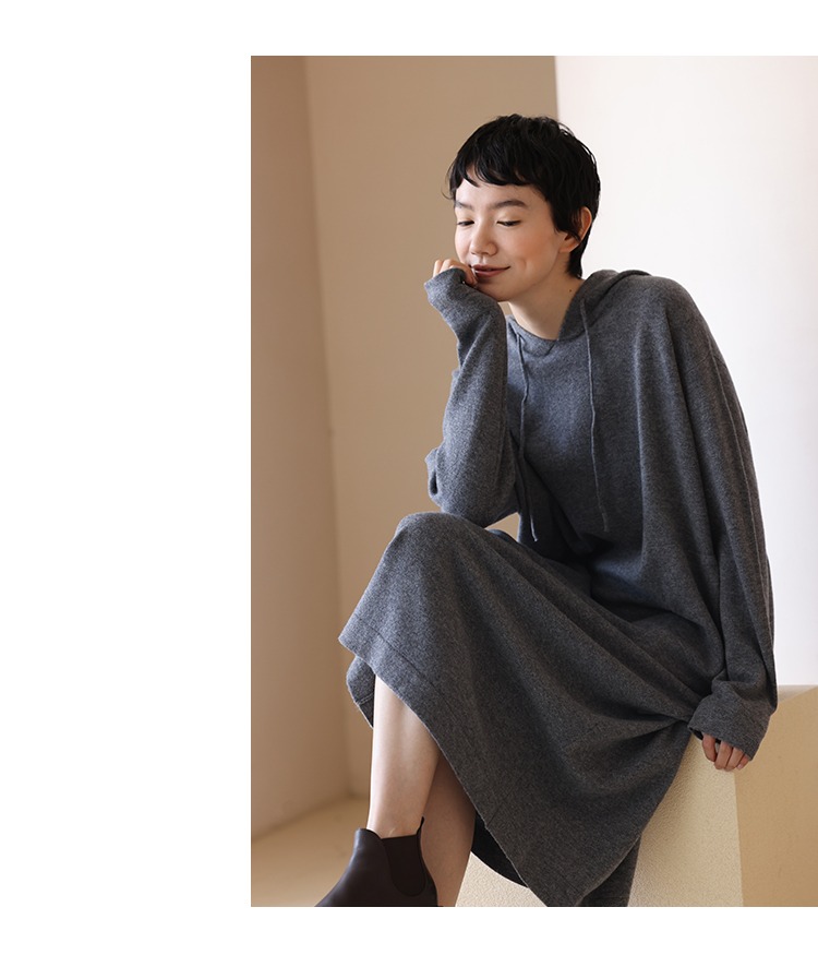 進口超細100%美利奴羊毛連帽寬鬆針織連身裙洋裝