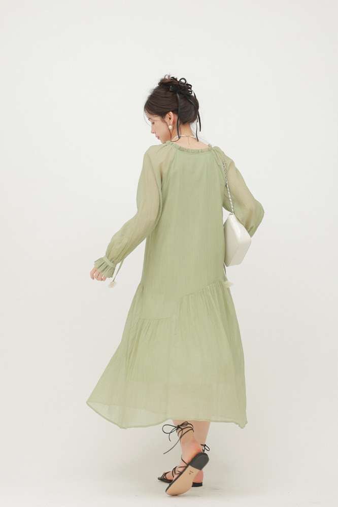 茶歇法式長袖連身裙春裝新品綠色氣質小個子裙子洋裝