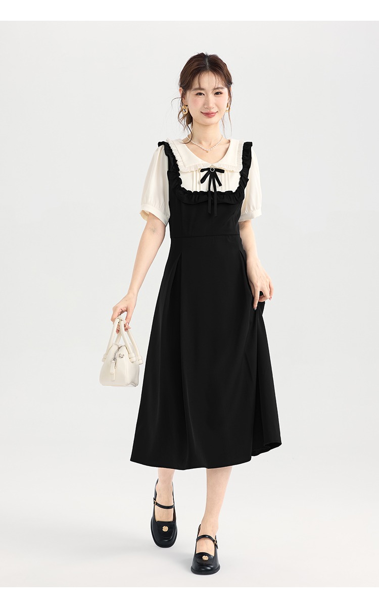 大尺碼襯衫拼接假兩件洋裝夏季女裝新品法式桔梗小黑裙連身裙