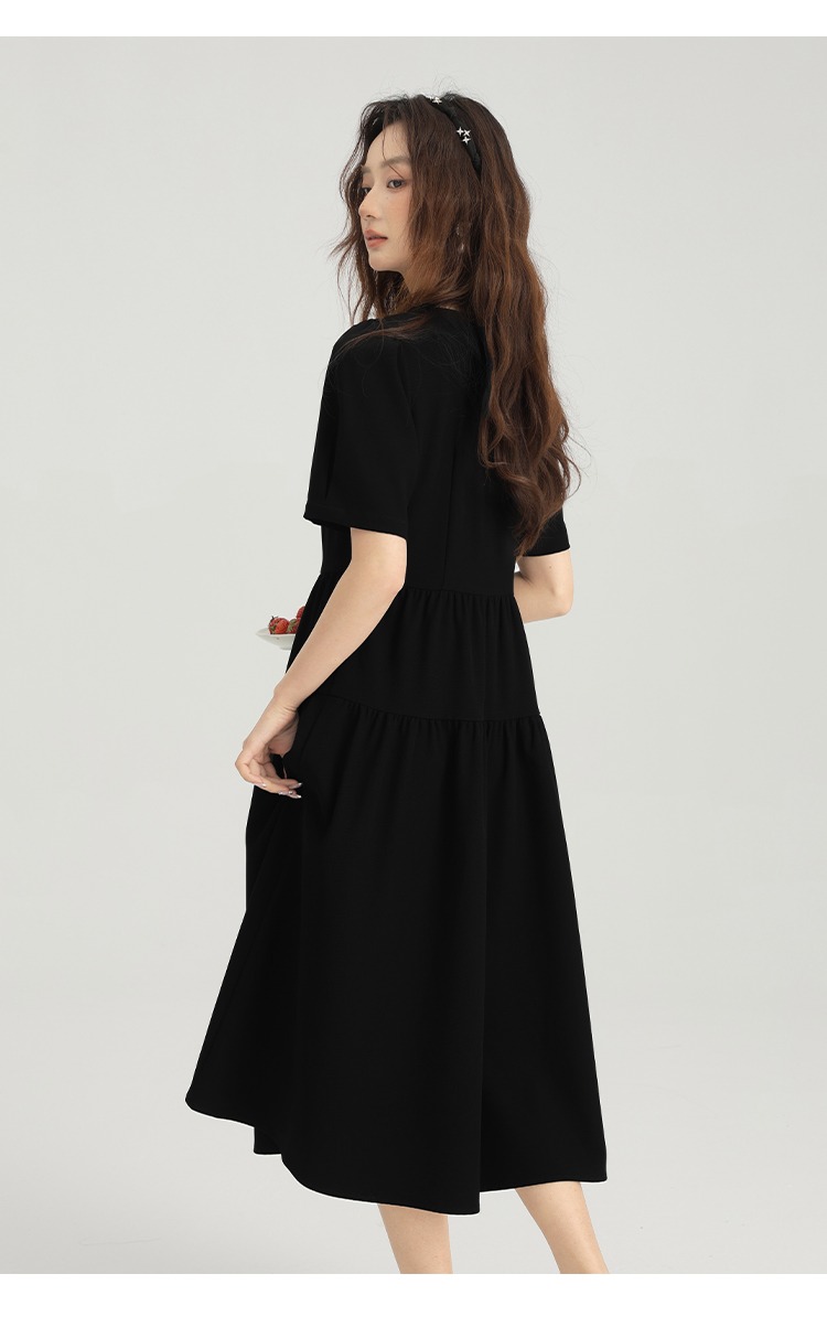 大尺碼女裝氣質V領連身裙女夏新品高級感顯瘦黑色長裙洋裝
