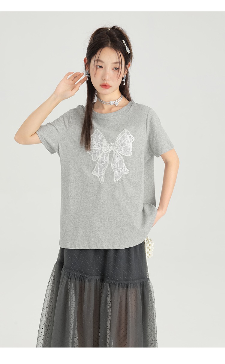 韓版大尺碼正肩灰色T卹女新品設計感夏裝蝴蝶結短袖上衣