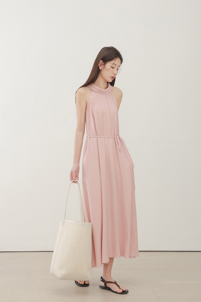 法式氣質花瓶領設計感顯瘦掛脖連身裙女粉紅色長裙洋裝