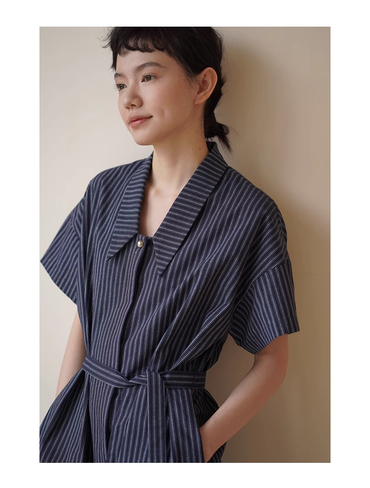 復古港風條紋寬鬆H版顯瘦氣質通勤腰帶短袖襯衫洋裝女