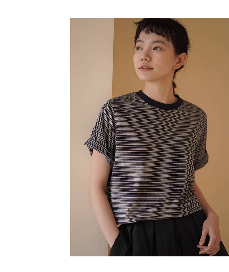 條紋時髦精復古美式配色柔軟透氣圓領寬鬆短袖顯瘦T卹女