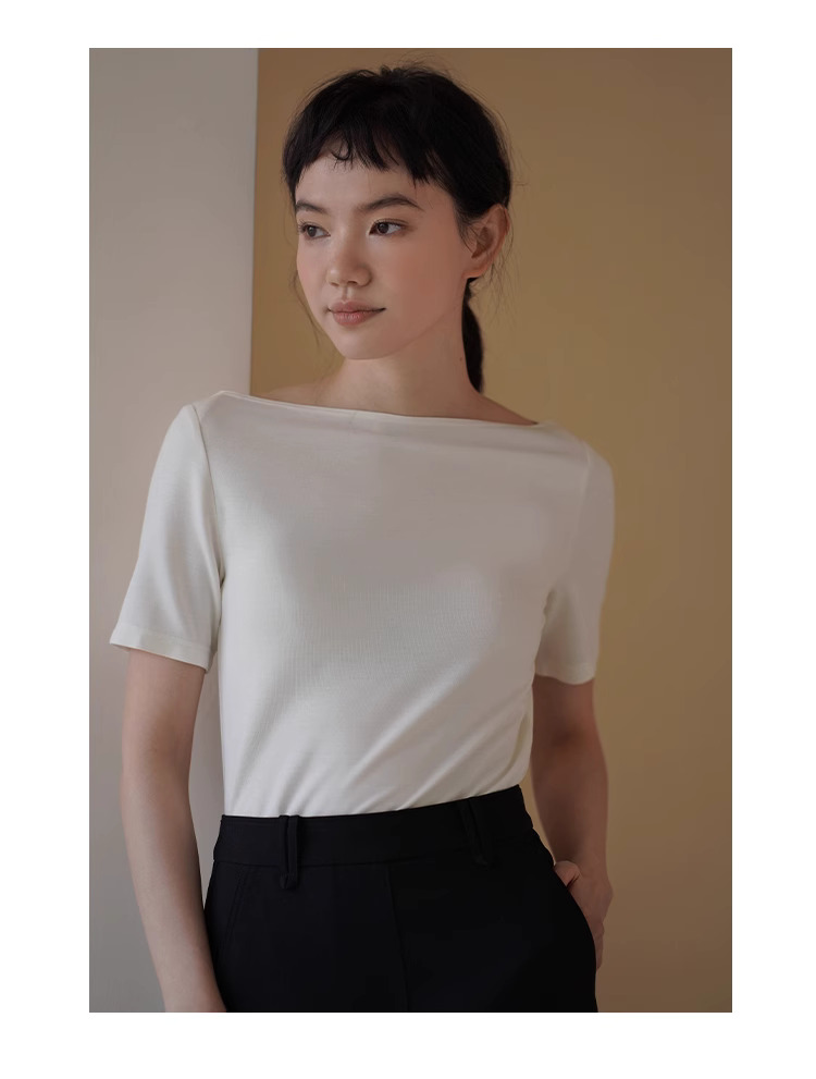 平衡通勤感舒適長期主義高智基礎款一字領T卹顯瘦上衣女