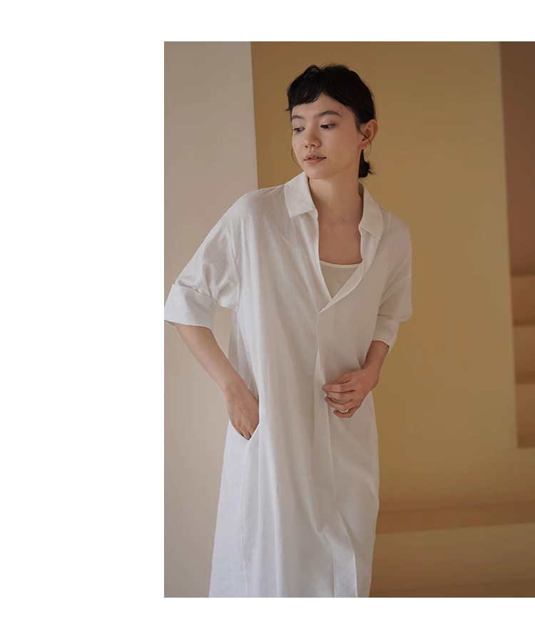 清晰竹節肌理柔光亞麻清涼寬鬆防透兩件式襯衫洋裝女