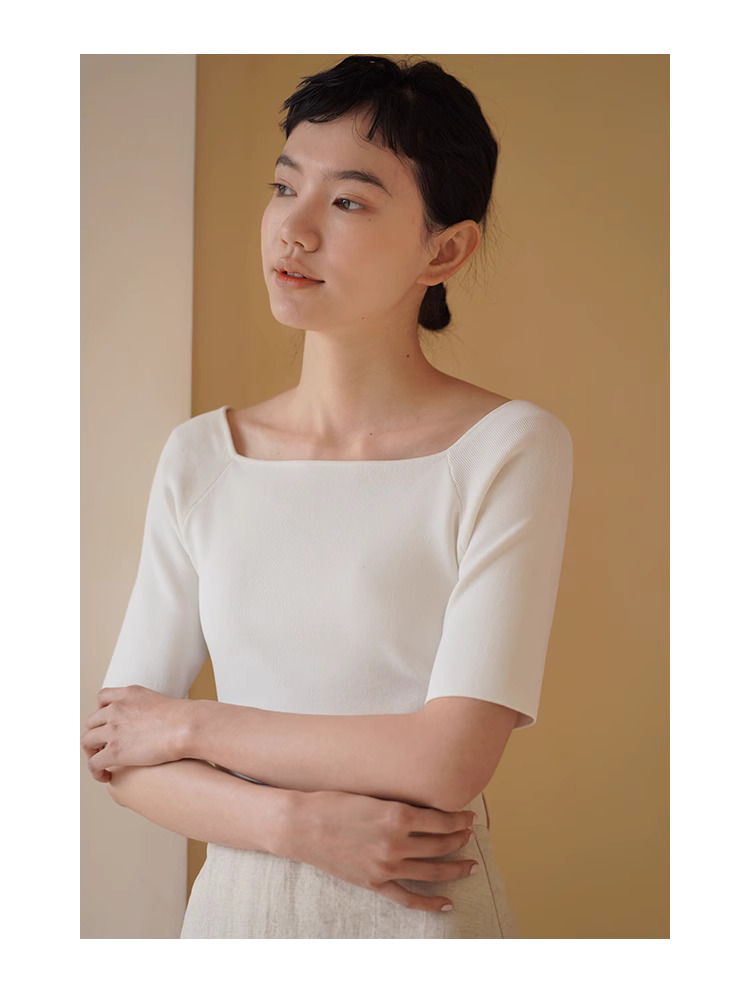 優雅玉蘭柔軟100棉紗線氣質方領顯瘦針織合身彈性上衣女