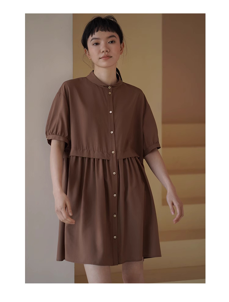 復古烤肉桂洋裝精緻小翻領寬鬆垂順顯瘦A字短裙女