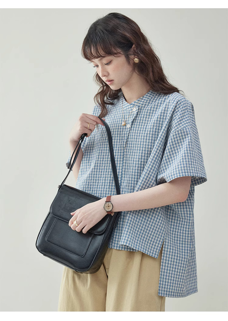 藍格紋不規則蝙蝠袖襯衫女夏季新款寬鬆套頭上衣